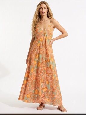 Anthropologie Orange Paisley Maxi Dress with Sage Accents